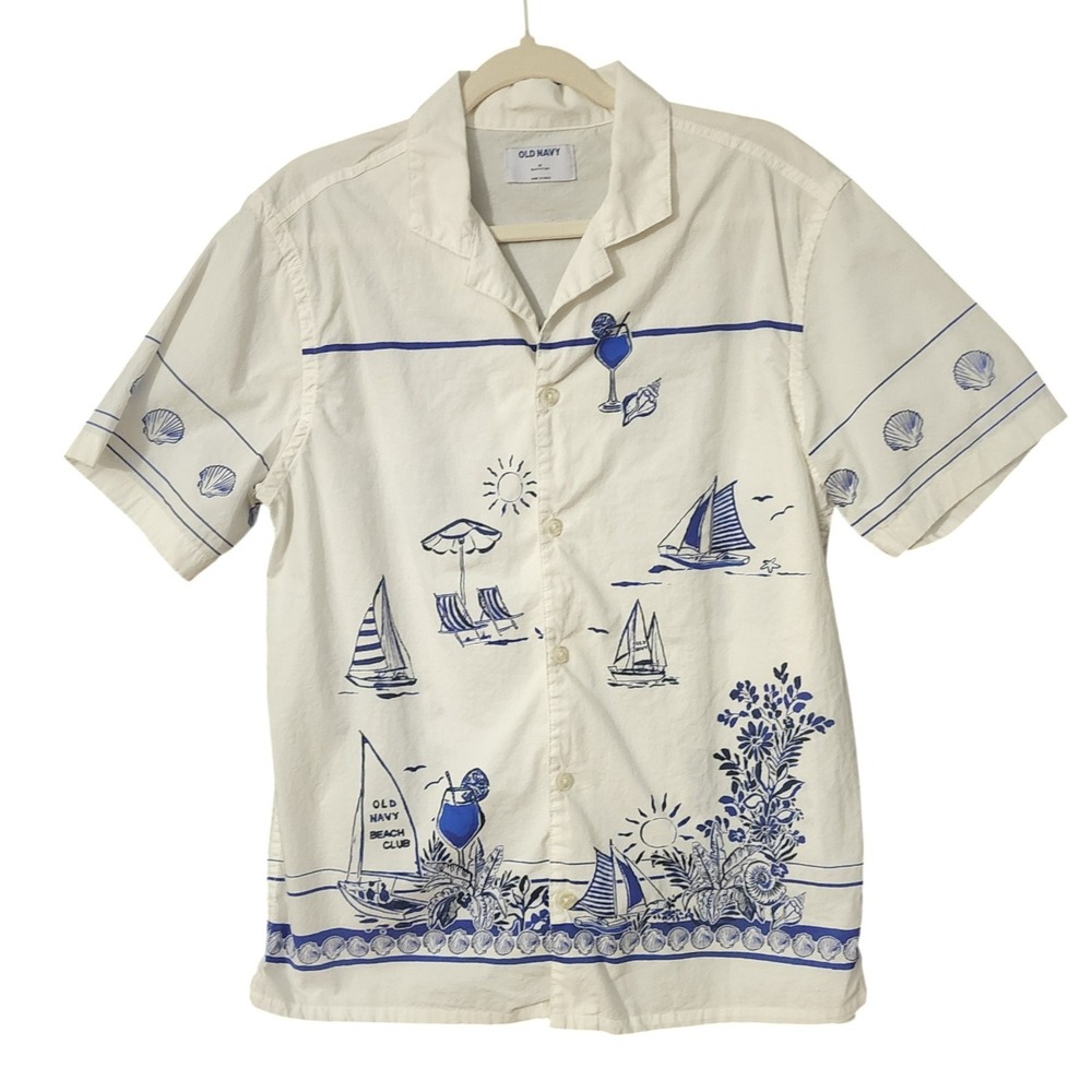 Old Navy Mens Button Down White and Blue Nautical Sailboat Modern Beachcore M
